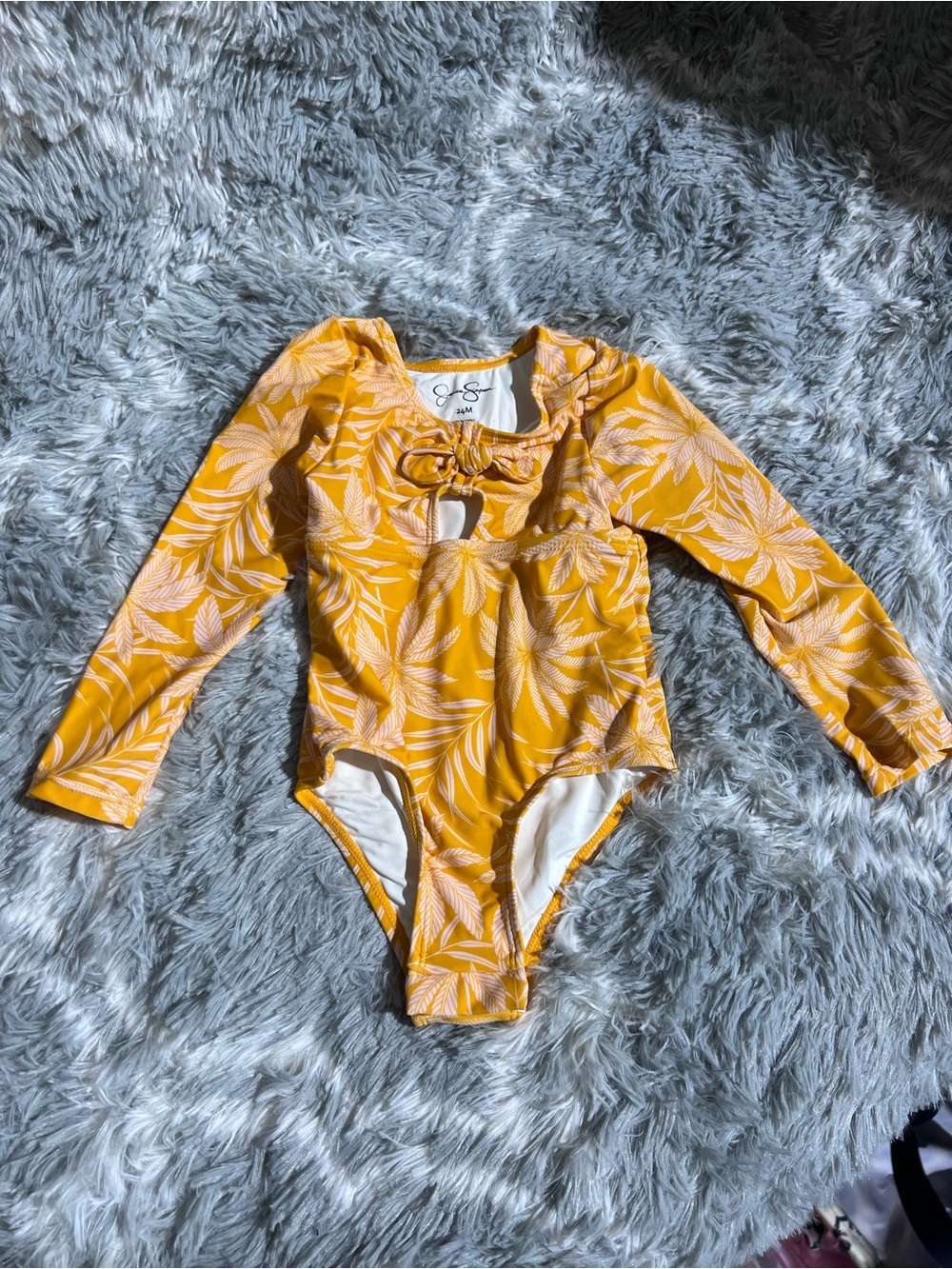 Yellow Tropical Long Sleeve One-Piece Swimsuit with matching headband